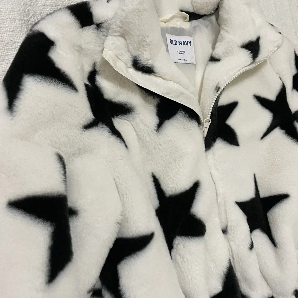 Old Navy Faux Fur White Star Zip-up Hooded‎ Lined Jacket Girls 10/12 Large EUC